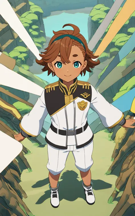 1girl,  <lora:sdxl-mm-suletta:0.6:lbw=XLNNP> suletta mercury, dark turquoise eyes, small breasts skindantation, hiarband, ahoge,  half slicked back hairstyle. hair pulled back, asymmetrical bangs, darkbrown hair, short hair, low ponytail square knot, dark_skin, +++ white uniform, jumpsuit , :p, smile, Clockwork Forest, From Up, looking away, full body, Practical Light, extremely quality extremely detailed, illustration, cute anime face