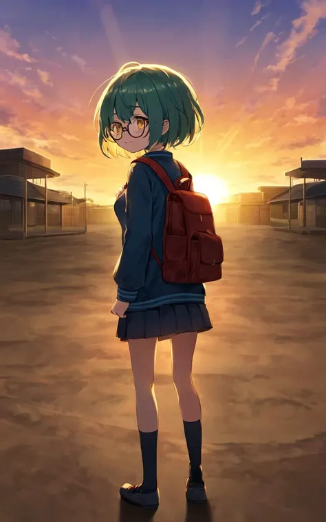 school, ground, 1girl, opaque_glasses , petite , flat chest , yellow eyes, dark turquoise hair, short hair , shaggy hair, drill hair , hair_pulled_back, sideburns , Rejoicing, embarrassed , head_tilt standing , from side, serafuku , navy  long sleeve, sweater , ankle socks, lowfwes , backpack , warm light sunset, rays light sparkles lens flare deep shadows, depth of field peerless scenery sentimental, from below, looking to the side, fullbody