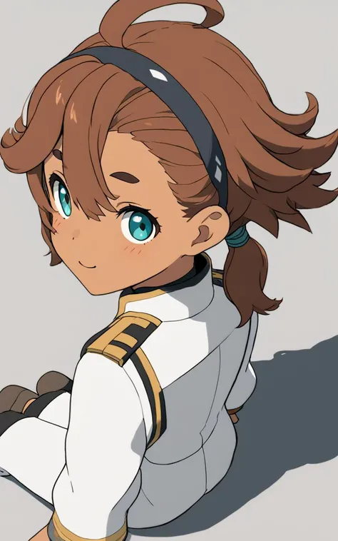 1girl, <lora:sdxl-mm-suletta:0.6:lbw=XLNNP> suletta mercury, dark turquoise eyes, small breasts skindantation, hiarband, ahoge, half slicked back hairstyle. hair pulled back, asymmetrical bangs, darkbrown hair, short hair, low ponytail square knot, dark_skin, +++ white uniform, jumpsuit , smile :D, From Front, looking back, wide shot from above sitting, High-Key Lighting, extremely quality extremely detailed, illustration, cute anime face