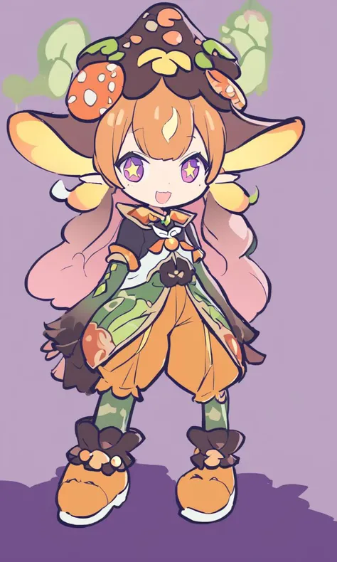 kawaii petit child childish innocent ankle-biter 1girl, star-shaped pupils small_star symbol in the pupils and iris, ((skindantation)) ((flat chest)) +++, ((mushroom girl)) (fusion:1.4) mushroom from of girl, fusion of mushroom and girl, monster girl of mushroom on head, hair made of mushroom, purple powdery skin, Mushrooms are sprouting here and there on the body, bright hazel mushroom design tubetop, orange bloomers