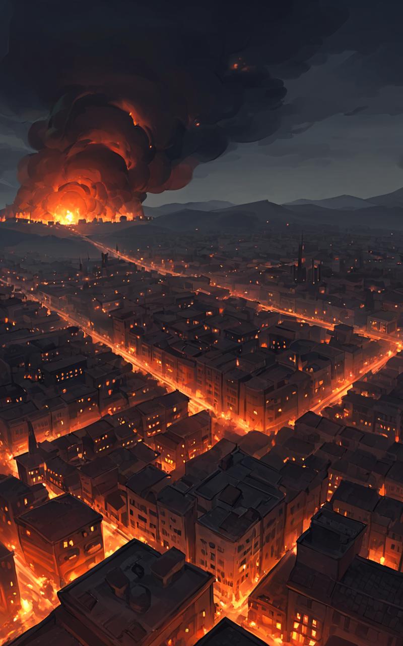 A view of a city at night with a fire in the sky - SeaArt AI
