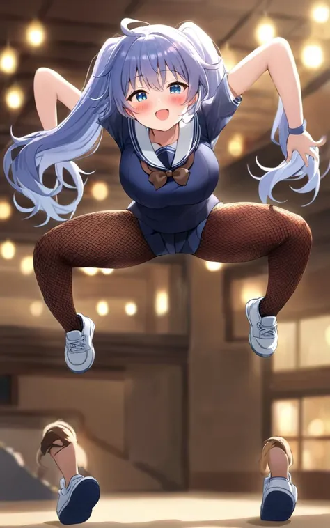 henjump  <lora:_sdxl-henjump:1>, 1girl, , teen , big breast , blue eyes, transparency indigo hair, very long hair , low twintails, sidelock, wavy hair , hair over eyes, covered eyes, blunt bangs, hair flaps , :p, nose blush , head_tilt standing , toward the buttocks, school uniform , brown  bow , fishnet tights, sneakers , , Community Center bokeh, depth of field, masterpiece