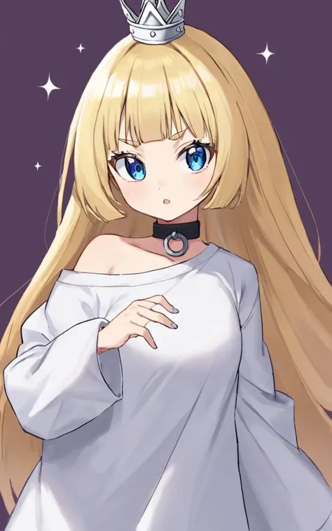 1girl, <lora:sdxl-gomon-hime:0.7> sdxl-gomon-hime, princess, silver mini crown, flipped hair blonde hair long hair short sidelock shiny hair blunt bangs, blue eyes eyelashes thick eyebrows, toenails +++ white shirt off shoulder long sleeves oversized shirt long shirt wide sleeves, black collar, +++ :>