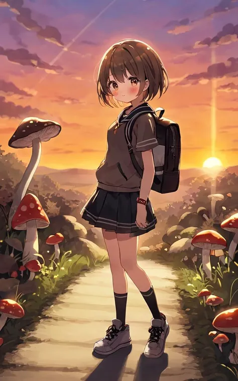 school, ground, 1girl, , cute petite , medium breast , gradient eyes, dark gradient hair, short hair , extra short hair, mushroom cut hair, drill hair , asymmetrical bangs, sideburns , :o, blush , , hip focus, serafuku , black vest , socks, sneakers , backpack , warm light sunset, rays light sparkles lens flare deep shadows, depth of field peerless scenery sentimental, from side, looking at viewer, Dutch Angle/Dutch TiltAfullbody