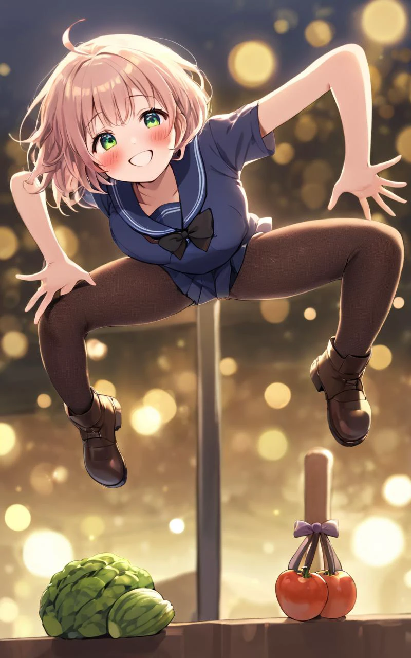 henjump <lora:_sdxl-henjump:1>, 1girl, , young , flat chest , iridescence eyes, deep starry print hair, short hair , medium hair, one curl, inner roll, drill hair , hair_pulled_back, hair flaps , embarrassed nose blush smile, blush , head_tilt standing , bare legs soles focus, school uniform , black bow , fishnet tights, work boots , , Fresh produce bokeh, depth of field, masterpiece