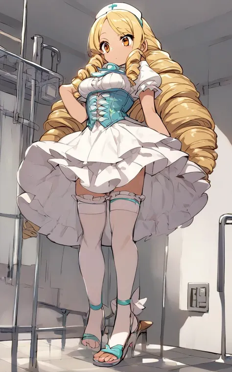 1girl An aristocratic daughter with blonde hair and vertical rolls, hair spread out, drill hair, low twintail
:D, amber frilled intricate long_skirt pannier bustier corset crinoline stockings high_heels_sandals double-breasted,underbust, Hospital, score_9, score_8, score_7_up
