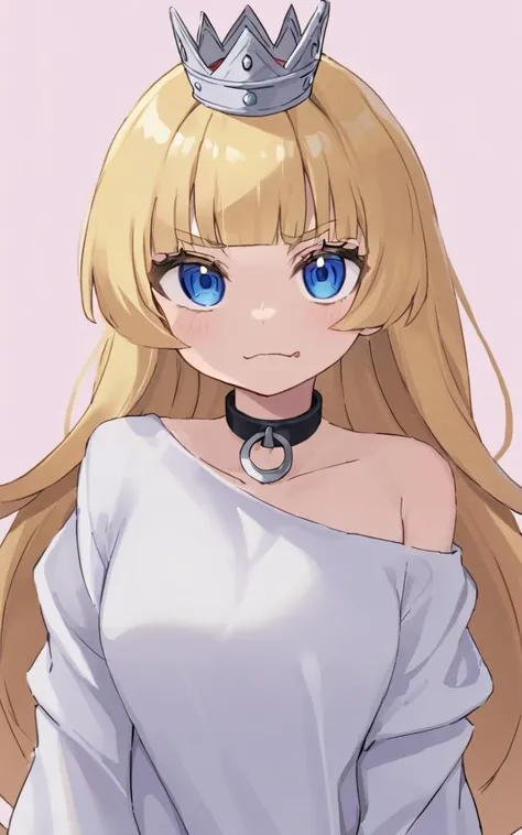 1girl, <lora:sdxl-gomon-hime:0.7> sdxl-gomon-hime, princess, silver mini crown, flipped hair blonde hair long hair short sidelock shiny hair blunt bangs, blue eyes eyelashes thick eyebrows, toenails +++ white shirt off shoulder long sleeves oversized shirt long shirt wide sleeves, black collar, +++ drool