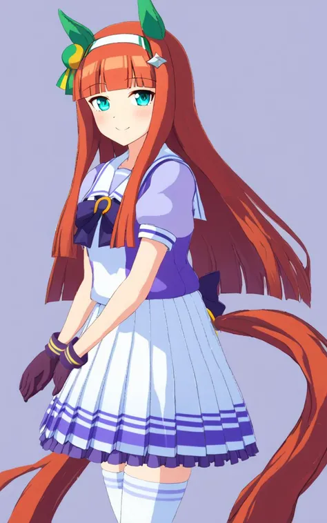 1girl, <lora:sdxl-um-suzuka:0.9> SilenceSuzuka, horse girl, green horse ears green ear covers, horse tail turquoise eyes flat chest slender hime-cut orange long hear blunt bangs shiny hair white hearband  hair ornament drakpurple gloves +++  :p, smile school <lora:sdxl-um-trauniform:0.7>  trasumuni ( summer tracen_school_uniform (white sailor collar) white skirt white thighhighs) darkblue_bowtie, (skyblue short sleeve blouse), darkblue back bowtie