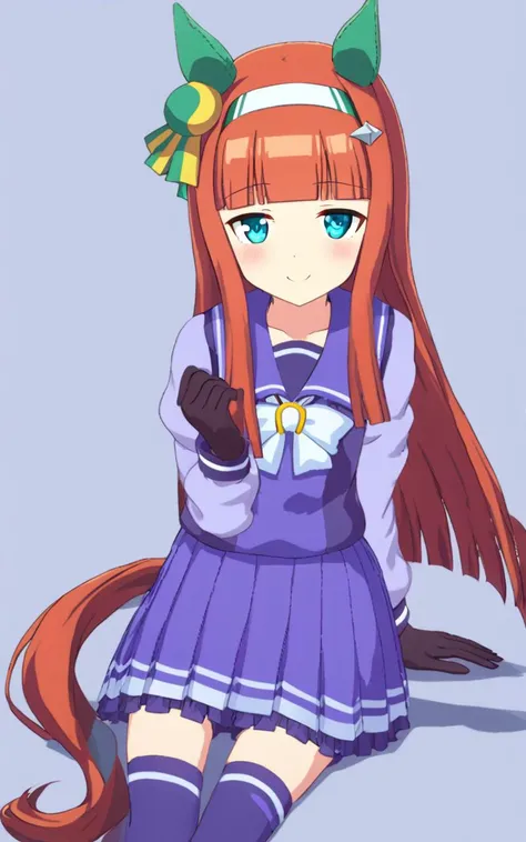 1girl, <lora:sdxl-um-suzuka:0.8> SilenceSuzuka, horse girl, green horse ears green ear covers, horse tail turquoise eyes flat chest slender hime-cut orange long hear blunt bangs shiny hair white hearband hair ornament drakpurple gloves +++ smile, (troubled eyebrows:0.6) school <lora:sdxl-um-trauniform:0.7> trawinuni ( winter tracen_school_uniform (purpleblue sailor collar) purpleblue skirt darkblue thighhighs) ((white))_bowtie, (skyblue)_long sleeve blouse, white back bowtie