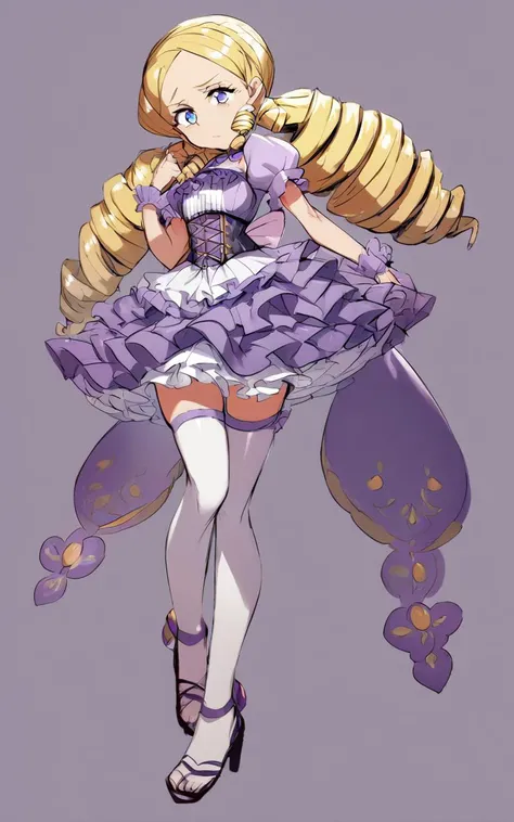 1girl An aristocratic daughter with blonde hair and vertical rolls, hair spread out, drill hair, low twintail
Giggling, purple frilled intricate long_skirt pannier bustier corset crinoline stockings high_heels_sandals double-breasted,underbust, Detox Spa, score_9, score_8, score_7_up