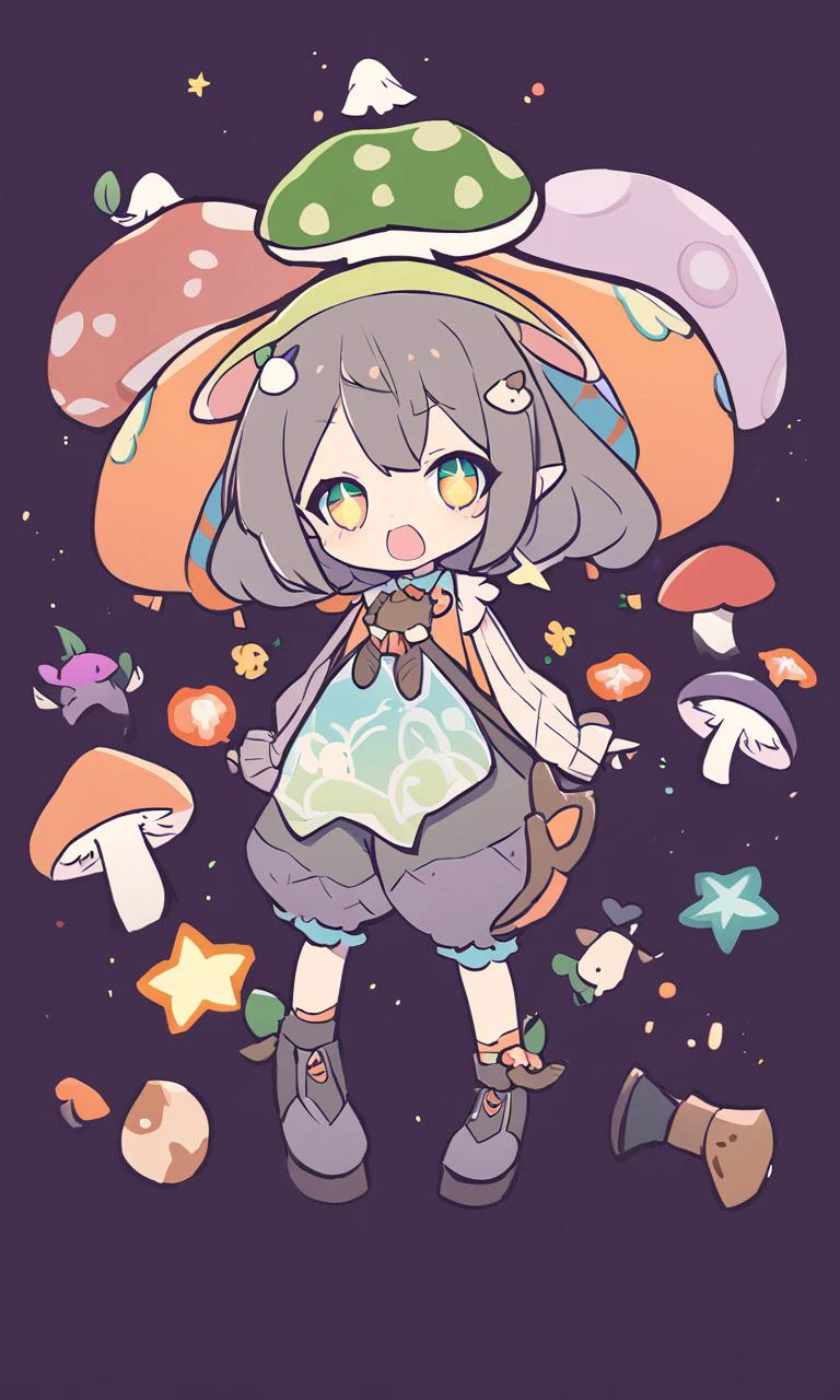 kawaii it chi innocent ankle-biter 1girl, star-shaped pupils small_star symbol in the pupils and iris, ((skindantation)) ((flat chest)) +++, ((mushroom girl)) (fusion:1.4) mushroom from of girl, fusion of mushroom and girl, monster girl of mushroom on head, hair made of mushroom, black powdery skin, Mushrooms are sprouting here and there on the body, bright starry print mushroom design tubetop, gray bloomers