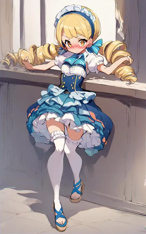 1girl An aristocratic daughter with blonde hair and vertical rolls,  hair spread out, drill hair, low twintail
Blushing, indigo frilled intricate long_skirt pannier bustier corset crinoline stockings high_heels_sandals double-breasted,underbust, High School, score_9, score_8, score_7_up