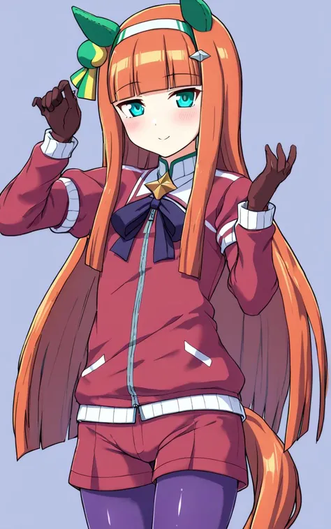 1girl, SilenceSuzuka, <lora:sdxl-um-suzuka:0.6> horse girl, green horse ears, green ear covers, horse tail, turquoise eyes, flat chest, slender, hime-cut, orange long hear, blunt bangs, shiny hair, white hearband, hair ornament, drakpurple gloves, darkpurple pantyhose +++ <lora:_sdxl-um-tracenjersey:0.6>, red track jacket, unzipped jacket, tracenJerseyPants, red shorts, wedging, track , happy