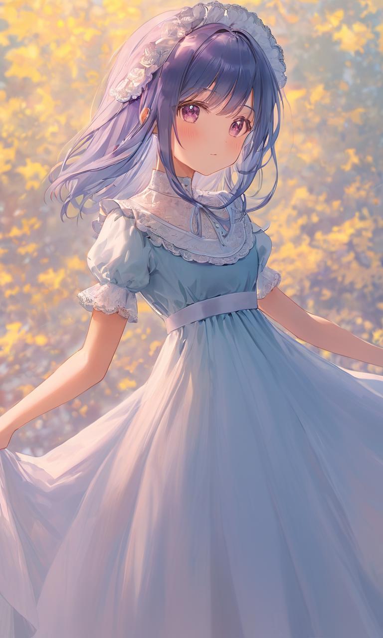 Anime girl in a blue dress standing in a field of flowers - SeaArt AI