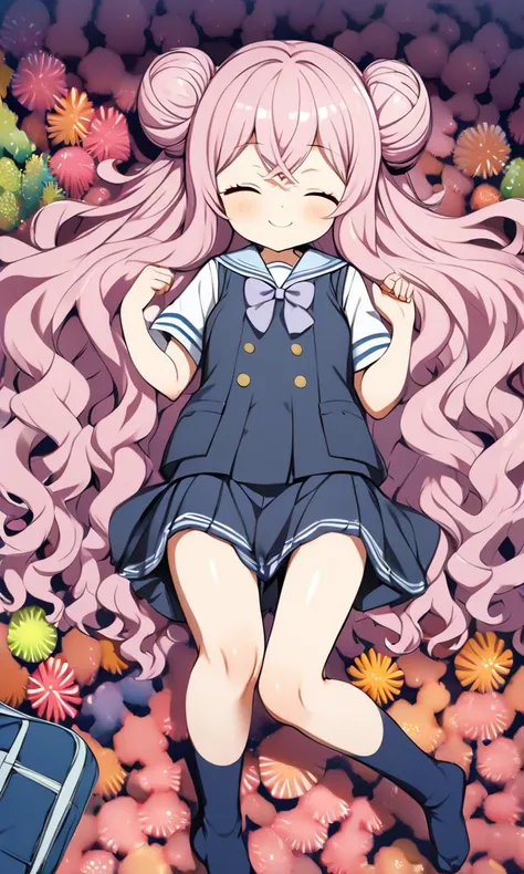 1girl, cute petite , small beasdt , coral eyes, pale pink hair, very long hair , double bun, wavy hair , crossed bangs, sideburns , closed eyes smile, , , on back, serafuku , navy vest , ankle socks, school bag