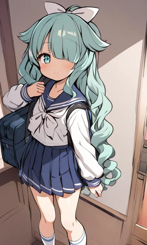 1girl, cute petite , small beasdt , coral eyes, clear turquoise hair, very long hair , folded ponytail, wavy hair , hair over one eye, hair flaps , ;8, , head_tilt standing , selfie solo focus wide shot, serafuku , white bow , ankle socks, school bag, extremely quality extremely detailed, illustration, contrapposto, cute anime face cinematic lighting cinematic angle