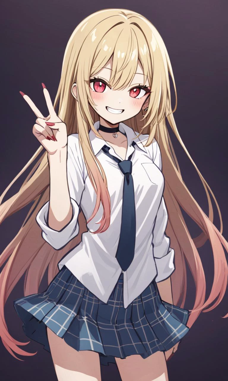 pinkred eyes, long eyelashes, pink eyeliner, (lower eyelashes), black eyelashes, nails, shiny hair, (gradient hair (blond:lightpink:0.8) hair), long hair, medium breasts, slender, skindantation, choker, pierce +++ white collared_shirt, sleeves rolled up, saxe_blue loose_necktie, plaid_pleated_mini_skirt, skyblue skirt +++ grin v^^v , 1girl, <lora:sdxl-ktgw-marin:0.4>, sdxl-ktgw-marin