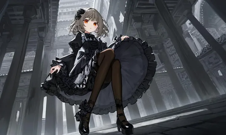 1girl, teen . medium breast , skindantation, lower eyelashes eyelashes, eyeliner,
Gothic Frilled dress, long skirt, Headdress, bowknot, hair ornament, hair flower, black fishnet_pantyhose, garter straps, Lace, cross-laced footwear, frilled blouse, ribbon-trimmed sleeves, puffy sleeves bloomers, intricate background,
orange eyes ,
dark gray hair,
medium hair ,
shaggy hair,
streaked hair ,
crossed bangs,
sideburns ,
Gleeful,
embarrassed ,
head_tilt standing ,
between the legs, look up to, Overhead Shot, Temple of Darkness