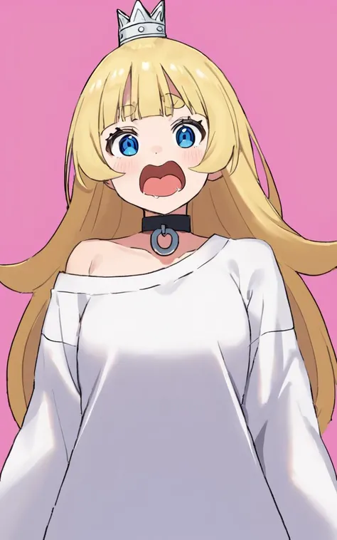 1girl, <lora:sdxl-gomon-hime:0.7> sdxl-gomon-hime, princess, silver mini crown, flipped hair blonde hair long hair short sidelock shiny hair blunt bangs, blue eyes eyelashes thick eyebrows, toenails +++ white shirt off shoulder long sleeves oversized shirt long shirt wide sleeves, black collar, +++ deformation, large open mouth wavy mouth drooling surprised uvula raised eyebrows heart-shaped pupils bright pupils