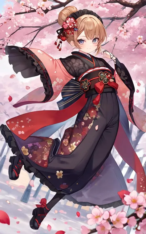 Peachland, fantastic, (cherry blossoms), park, petals, wind, extremely quality extremely detailed, illustration, cute anime face, updo brown  flower pattern japanese clothes kimono , geta  kanzashi, beautiful detailed eyes intricate ((Gothic)) ((Frilled)), (((hair ornament))), hair flower, eyeliner skindentation black stocking , garter straps, Lace, cross-laced footwear, frilled blouse ribbon-trimmed sleeves lower eyelashes eyelashes ( long  pants)
