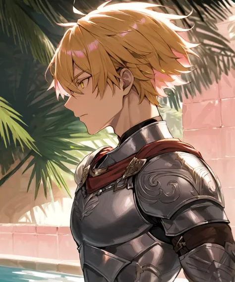 1boy man male, abs muscular,
fantasy ( Glossy Metallic Engraving Pattern medium shirt  silver armor  intricate dress armor intricate Plunging armor intricate breastplate gladiator) muscular helmet  stole  clork  tabard Tropical Hot Springs, 
blond eyes odd eyes , 
bright pink hair, 
short hair , 
top not, 
wavy hair , 
hair between eyes, 
Repulsed, Uncomfortable, 
+++, Profile Shot, looking down, between the legs