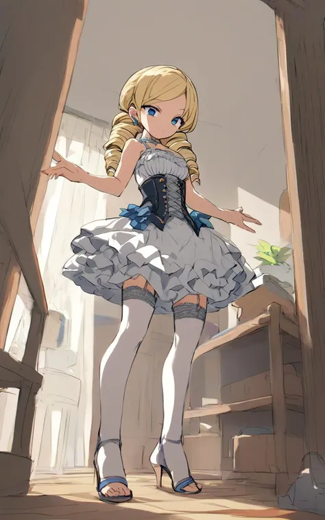 1girl An aristocratic daughter with blonde hair and vertical rolls, hair spread out, drill hair, low twintail
Elated, silver frilled intricate long_skirt pannier bustier corset crinoline stockings high_heels_sandals double-breasted,underbust, Guest Room, score_9, score_8, score_7_up