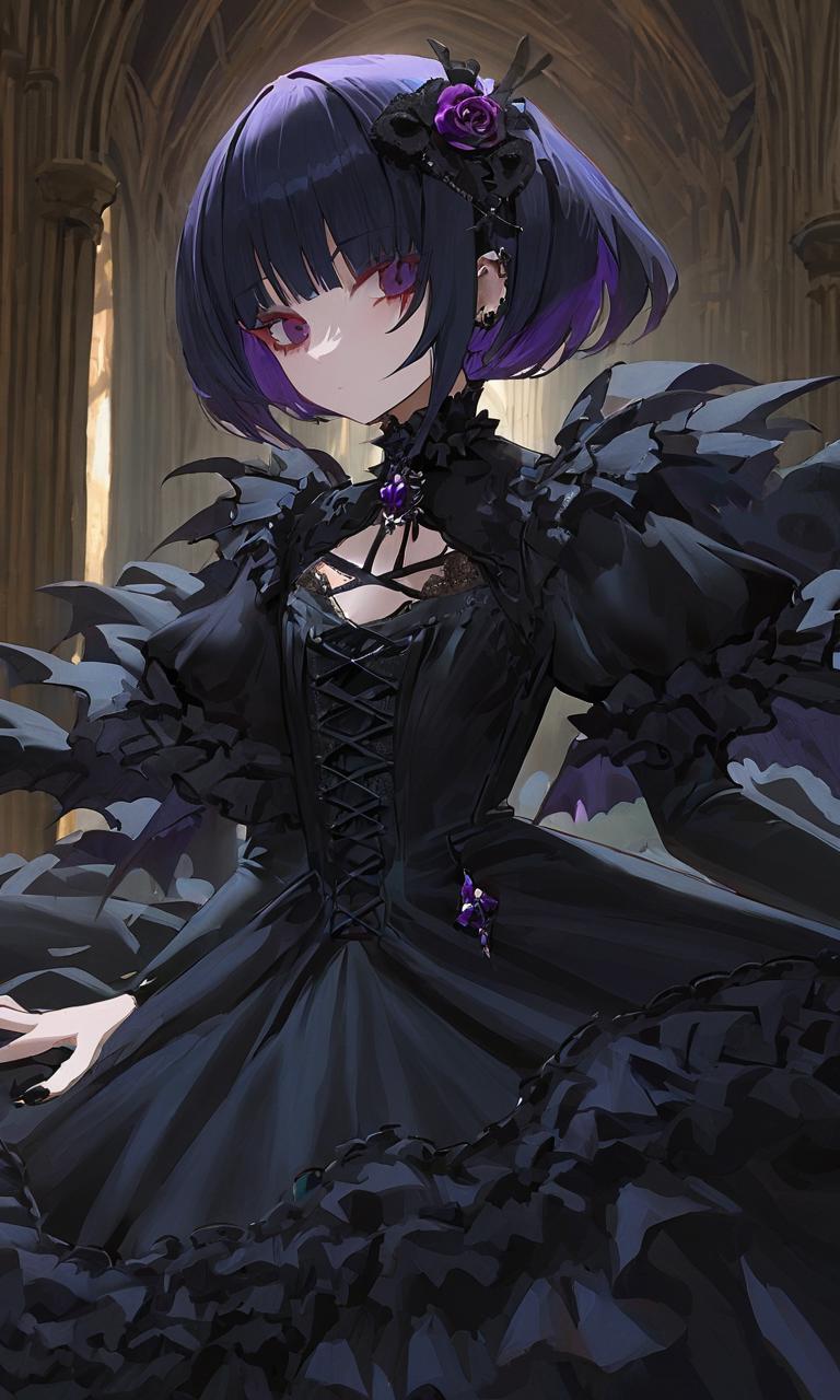 Anime girl in black dress with purple hair and black dress - SeaArt AI