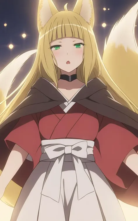 1girl <lora:sdxl-dm-haruhime:0.6> haruhime, blond hair fox_ears, fox tail long hair blunt_bangs shiny hair, green_eyes sleepy eyes, eyeliner blush medium breasts skindantation choker open mouth , uchidenokoduchi red kimono, japanese_clothes, half white hakama, capelet shine tails , extremely quality extremely detailed, illustration, contrapposto, cute anime face cinematic lighting cinematic angle