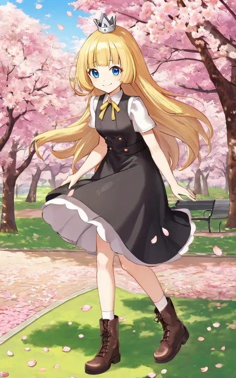 1girl, <lora:sdxl-gomon-hime:0.7> sdxl-gomon-hime, princess, silver mini crown, flipped hair blonde hair long hair short sidelock shiny hair blunt bangs, blue eyes eyelashes thick eyebrows, smile, serafuku , black vest , yellow ribbon ,blond ankle socks, work boots , , Peachland, fantastic, (cherry blossoms), park, petals, wind