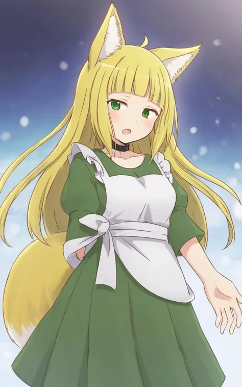 1girl <lora:sdxl-dm-haruhime:0.6> haruhime, blond hair fox_ears, fox tail long hair blunt_bangs shiny hair, green_eyes sleepy eyes, eyeliner blush medium breasts skindantation choker open mouth , orange maid, white apron , Frozen Tundra, Daylight, score_9, score_8, score_7_up