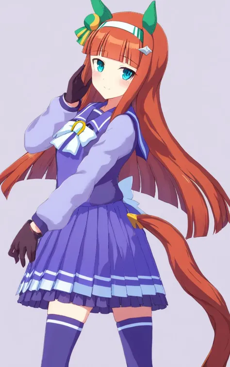 1girl, <lora:sdxl-um-suzuka:0.8> SilenceSuzuka, horse girl, green horse ears green ear covers, horse tail turquoise eyes flat chest slender hime-cut orange long hear blunt bangs shiny hair white hearband  hair ornament drakpurple gloves +++  Excited school <lora:sdxl-um-trauniform:0.7>  trawinuni ( winter tracen_school_uniform (purpleblue sailor collar) purpleblue skirt darkblue thighhighs) ((white))_bowtie, (skyblue)_long sleeve blouse, white back bowtie