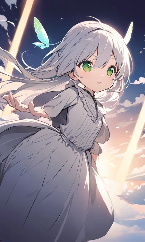 blue sky, cloud, cute ((small)) little child small scale micro_body_size small_scale petite ((Height:20cm)) fairy girl ((fairy_4wings)) (((girl is flying in the sky))) 10years old, eyeliner small breasts skindantation shiny hair shiny skin ([partially gradient multicolored [[blond::0.9]:rainbow] super long hair  ]) green eyes ((eyes visible through hair)) Excited floating fly +++ light silver dress blouse, extremely quality extremely detailed, illustration, contrapposto, cute anime face cinematic lighting cinematic angle