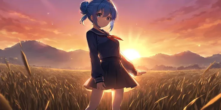 school,, 1girl, , teen , small beasdt , indigo eyes, transparency sky blue hair, medium hair , twist updo, drill hair , hair over eyes, covered eyes, blunt bangs, sideburns , :3, embarrassed , head_tilt standing , From Up, serafuku , navy long sleeve, sweater , ankle socks, lowfwes , , warm light sunset, rays light sparkles lens flare deep shadows, depth of field peerless scenery sentimental, From Up, looking away, upper body