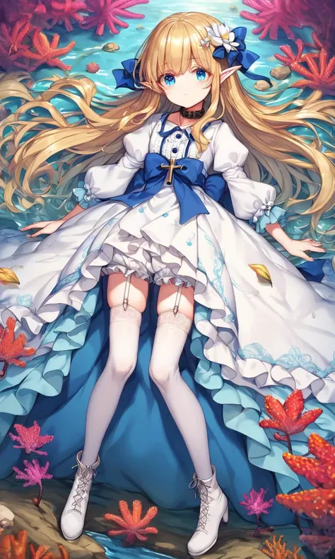 score_9, score_8_up, score_7_up, intricate, yumekawaii, cute petite child dress, coral ribbon sky blue bow, intricate frilled, long sleeves, blue  intricate ballgown long dress, puffy sleeves, , intricate hair ornament, hair flower, frilled bloomers, white stocking with flower pattern, garter straps, intricate Lace, cross-laced footwear boots, cute elf Young woman pointy ears, [lightgreen] eyeliner piercing small breasts skindentation shiny hair gradation [gradient partially [blonde:silver:0.9] hair] super long hair blue eyes ((eyes visible through hair)) Delighted +++ clear yellow Halterneck Dress, blouse white super long coat, thighhighs, darkbrown lace-up long boots, charcoal collar thigh_gap, floating (detailed light) floating hair glowing eyes leaves, ((wind)) nature (sunlight) river (forest) (bloom)