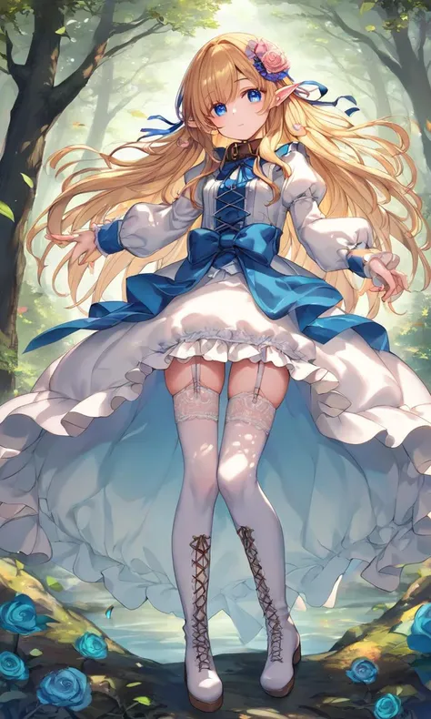score_9, score_8_up, score_7_up, intricate, yumekawaii, cute petite child dress, amber ribbon blue bow, intricate frilled, long sleeves, light pink  intricate ballgown long dress, puffy sleeves, , intricate hair ornament, hair flower, frilled bloomers, white stocking with flower pattern, garter straps, intricate Lace, cross-laced footwear boots, cute elf Young woman pointy ears, [lightgreen] eyeliner piercing small breasts skindentation shiny hair gradation [gradient partially [blonde:silver:0.9] hair] super long hair blue eyes ((eyes visible through hair)) :p +++ dark sky blue One-piece, blouse white super long coat, thighhighs, darkbrown lace-up long boots, charcoal collar thigh_gap, floating (detailed light) floating hair glowing eyes leaves, ((wind)) nature (sunlight) river (forest) (bloom)