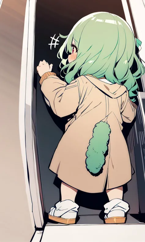 1girl, cute petite . big breast , skindantation, +++
red eyes ,
- green hair,
medium hair ,
afro twin tail,
wavy hair ,
hair between eyes,
sideburns ,
;8,
embarrassed ,
+++, looking down, from behind, brown child smock loose socks Wedges