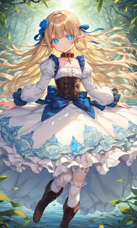score_9, score_8_up, score_7_up, intricate, yumekawaii, cute petite child dress, blue ribbon burgundy bow, intricate frilled, long sleeves, light pink  intricate ballgown long dress, puffy sleeves, , intricate hair ornament, hair flower, frilled bloomers, white stocking with flower pattern, garter straps, intricate Lace, cross-laced footwear boots, cute elf Young woman pointy ears, [lightgreen] eyeliner piercing small breasts skindentation shiny hair gradation [gradient partially [blonde:silver:0.9] hair] super long hair blue eyes ((eyes visible through hair)) ;/ +++ dark multicolored frilled intricate long_skirt pannier bustier corset crinoline, blouse white super long coat, thighhighs, darkbrown lace-up long boots, charcoal collar thigh_gap, floating (detailed light) floating hair glowing eyes leaves, ((wind)) nature (sunlight) river (forest) (bloom)