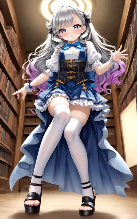 Delighted, foot focus (focus sole of foot), Placing hand on knee , full body, looking down, contrapposto, dynamic pose, cinematic lighting, nighttime , 1girl, cute petite . medium breast , skindentation, +++
blond eyes ,
clear gradient hair,
long hair ,
extra short hair, slicked back hair,
wavy hair ,
crossed bangs,
hair flaps ,
blush_stickers ,
+++, silver frilled intricate long_skirt, pannier, bustier, corset, crinoline, stockings high_heels_sandals double-breasted,underbust, library Unique Artistic buckground, lighting melow