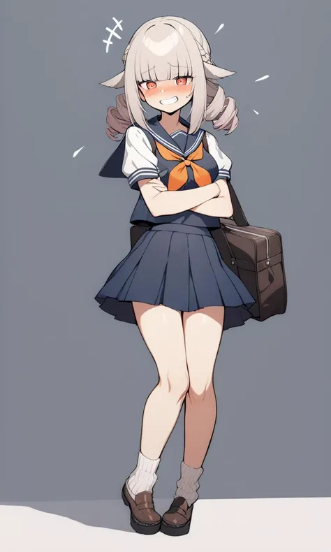 1girl, teen . medium breast , skindantation, serafuku , navy vest , orange bowtie , slouch socks, lowfers, school bag, +++
vermilion eyes ,
- multicolored hair,
medium hair ,
french braid,
drill hair ,
hair over eyes, covered eyes, blunt bangs,
hair flaps ,
grin,
embarrassed ,
+++, face to tiptoe, looking to the side, hip focus