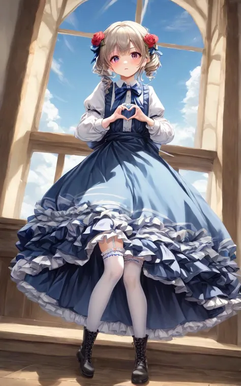 score_9, score_8_up, source_anime, <lora:_sdxl-boobheart-pony:0.9>, boobheart, heart hands, self grabed breast, 1girl, childish , medium breast , skindentation, intricate, yumekawaii, cute petite child dress, blue ribbon sky blue bow, intricate frilled, long sleeves, bright red intricate ballgown long dress, puffy sleeves, , intricate hair ornament, hazel flower crown , frilled bloomers, white stocking with flower pattern, garter straps, intricate Lace, cross-laced footwear boots +++ Castle Gardens