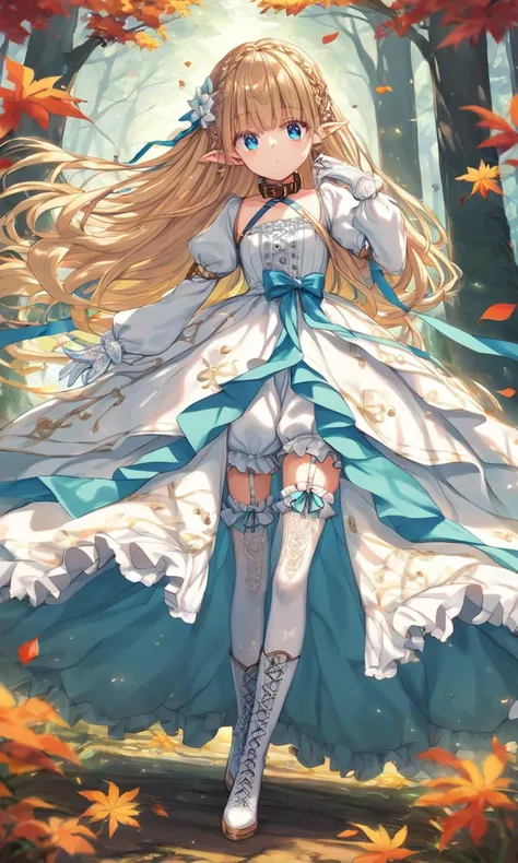 score_9, score_8_up, score_7_up, intricate, yumekawaii, cute petite child dress, aqua ribbon blond bow, intricate frilled, long sleeves, gold trim white  intricate ballgown long dress, puffy sleeves, lace glove , intricate hair ornament, hair flower, frilled bloomers, white stocking with flower pattern, garter straps, intricate Lace, cross-laced footwear boots, cute elf Young woman pointy ears, [lightgreen] eyeliner piercing small breasts skindentation shiny hair gradation [gradient partially [blonde:silver:0.9] hair] super long hair blue eyes ((eyes visible through hair)) Gleeful +++ clear pink Halterneck Dress, blouse white super long coat, thighhighs, darkbrown lace-up long boots, charcoal collar thigh_gap, floating (detailed light) floating hair glowing eyes leaves, ((wind)) nature (sunlight) river (forest) (bloom)