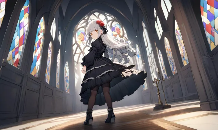 1girl, childish . medium breast , skindantation, lower eyelashes eyelashes, eyeliner, Gothic Frilled dress, long skirt, Headdress, bowknot, hair ornament, hair flower, black fishnet_pantyhose, garter straps, Lace, cross-laced footwear, frilled blouse, ribbon-trimmed sleeves, puffy sleeves bloomers, candlestick, stained glass, intricate gothic architecture, rose garden fantastic strong light wind light coming in, (royal garden rose) many rose, British Garden Rose Arch, looking back, from behind, +++
amber eyes odd eyes ,
vivid silver hair,
very long hair ,
single hair bun,
drill hair ,
hair over eyes, covered eyes, blunt bangs,
sideburns ,
serious,
embarrassed ,
head_tilt standing
+++, extremely quality extremely detailed, illustration, contrapposto, cute anime face cinematic lighting cinematic angle