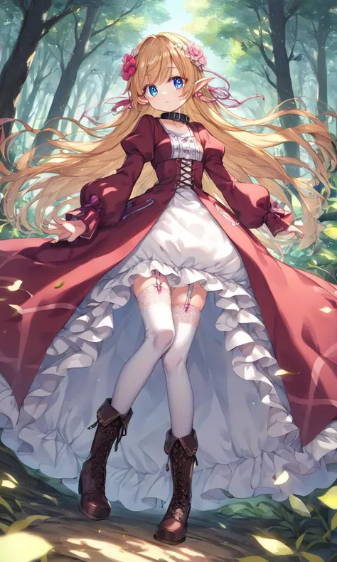 score_9, score_8_up, score_7_up, intricate, yumekawaii, cute petite child dress, gradient ribbon multicolored bow, intricate frilled, long sleeves, pink  intricate ballgown long dress, puffy sleeves, , intricate hair ornament, hair flower, frilled bloomers, white stocking with flower pattern, garter straps, intricate Lace, cross-laced footwear boots, cute elf Young woman pointy ears, [lightgreen] eyeliner piercing small breasts skindentation shiny hair gradation [gradient partially [blonde:silver:0.9] hair] super long hair blue eyes ((eyes visible through hair)) :D +++ bright amber Halterneck Dress, blouse white super long coat, thighhighs, darkbrown lace-up long boots, charcoal collar thigh_gap, floating (detailed light) floating hair glowing eyes leaves, ((wind)) nature (sunlight) river (forest) (bloom)