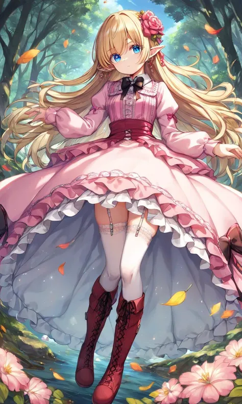 score_9, score_8_up, score_7_up, intricate, yumekawaii, cute petite child dress, red ribbon black bow, intricate frilled, long sleeves, pink  intricate ballgown long dress, puffy sleeves, , intricate hair ornament, hair flower, frilled bloomers, white stocking with flower pattern, garter straps, intricate Lace, cross-laced footwear boots, cute elf Young woman pointy ears, [lightgreen] eyeliner piercing small breasts skindentation shiny hair gradation [gradient partially [blonde:silver:0.9] hair] super long hair blue eyes ((eyes visible through hair)) serious +++ deep pink Maxi Dress, blouse white super long coat, thighhighs, darkbrown lace-up long boots, charcoal collar thigh_gap, floating (detailed light) floating hair glowing eyes leaves, ((wind)) nature (sunlight) river (forest) (bloom)