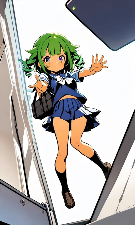 1girl, cute petite , medium breast , indigo eyes, clear green hair, medium hair , afro twin tail, drill hair , bangs, hair flaps , ;<, , , reaching out, school uniform , white bow , socks, school bag