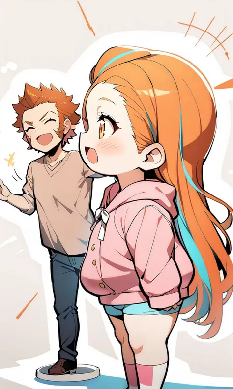 1girl, child . big breast , skindantation, +++
amber eyes ,
- orange hair,
very long hair ,
spiralcurl,
streaked hair ,
hair pulled back,
sideburns ,
;d,
blush ,
head_tilt standing
+++, looking away, reaching out, vivid pink hoodie turquoise hotpants socks Monk straps