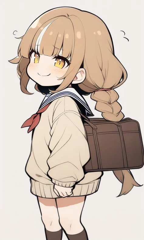1girl, cute petite , small beasdt , yellow eyes, dark blond hair, very long hair , afro twin tail, streaked hair , hair over eyes, covered eyes, blunt bangs, sideburns , smug, , , from side, serafuku , brown long sleeve, sweater , high socks, school bag