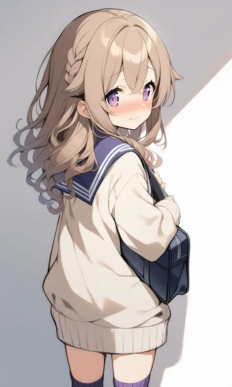1girl, cute petite , medium breast , purple eyes, clear brown hair, long hair , side braid, wavy hair , crossed bangs, hair flaps , Gleeful, nose blush , , from behind, serafuku , white long sleeve, sweater , slouch socks, school bag