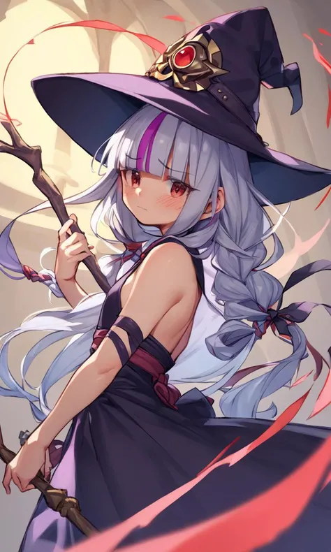 score_9, score_8_up, score_7_up Incandescent Light Lost Temple, 1girl, cute petite . flat chest , skindentation, from side, looking at viewer, Dutch Angle/Dutch TiltAfullbody, Low-Key Lighting, dynamic pose, +++ 
red eyes , 
bright vermilion hair, 
long hair , 
braid tails, 
streaked hair , 
hair over eyes, covered eyes, blunt bangs, 
sideburns , 
embarrassed , 
+++, fantasy ((witch_costume intricate blackpurple wizard_clork [black:purple:0.7] witch_hat holding ((intricate hazel jem)) from staff :D))