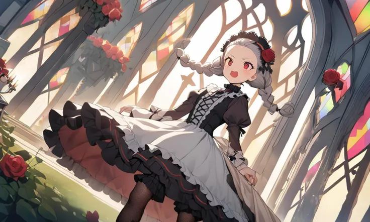 1girl, petite . huge tit , skindantation, lower eyelashes eyelashes, eyeliner, Gothic Frilled dress, long skirt, Headdress, bowknot, hair ornament, hair flower, black fishnet_pantyhose, garter straps, Lace, cross-laced footwear, frilled blouse, ribbon-trimmed sleeves, puffy sleeves bloomers, candlestick, stained glass, intricate gothic architecture, rose garden fantastic strong light wind light coming in, (royal garden rose) many rose, British Garden Rose Arch, looking to the side, from behind, +++ 
red eyes , 
light gray hair, 
short hair , 
twin braids, 
drill hair , 
hair pulled back, 
sideburns , 
gasping, 
embarrassed , 
+++, extremely quality extremely detailed, illustration, contrapposto, cute anime face cinematic lighting cinematic angle